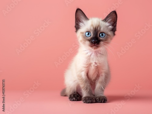 A cute Balinese kitten sitting on a solid pastel l  234 cat, animal, siamese, pet, kitten, feline, cute, domestic, isolated, pets, white, eyes, blue, fur, mammal, animals, young, siamese cat, eye, kit