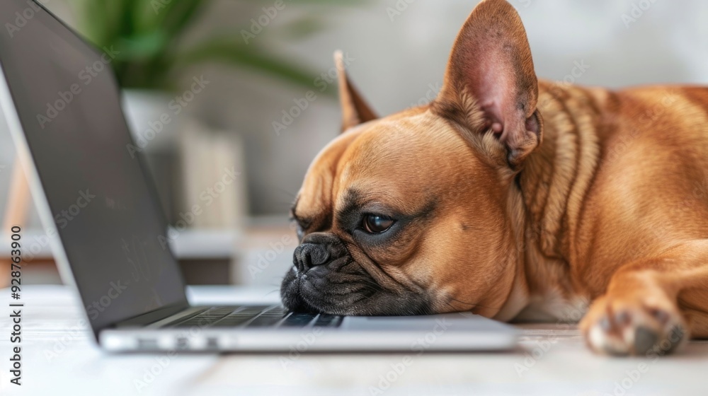 Fototapeta premium Adorable office pets adding a playful touch to work from home setups with a deep depth of field blurring the background for a focused professional look