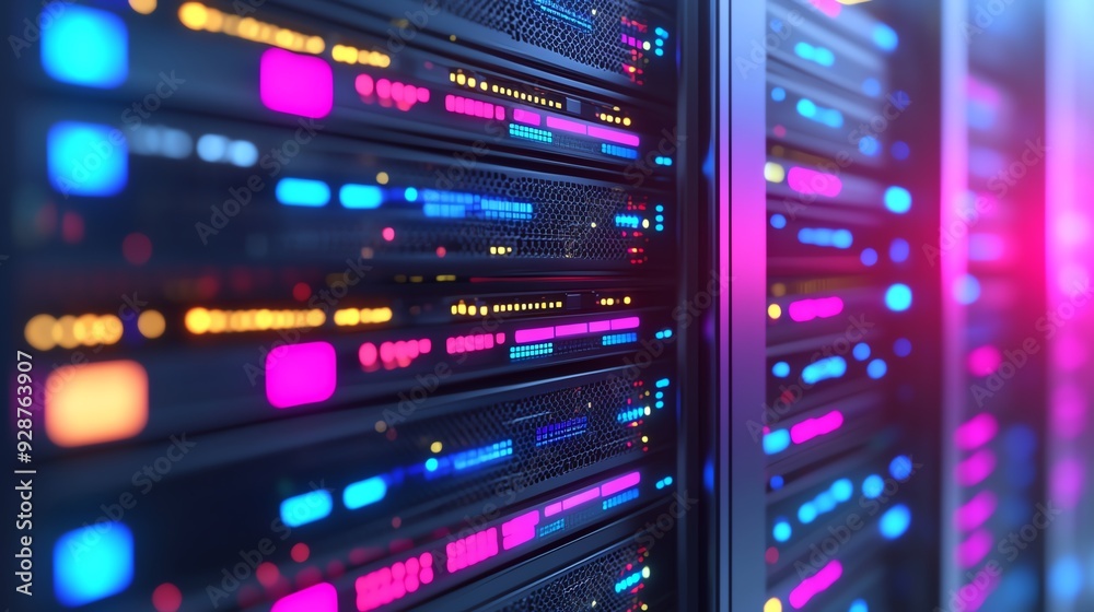 Fototapeta premium A close-up view of colorful data servers, showcasing vibrant lights and modern technology in a data center environment.