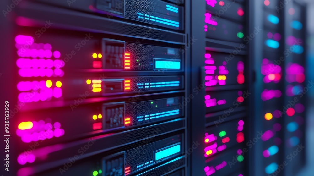 A close-up view of a modern data server with glowing lights, showcasing technology and network connectivity in a vibrant setting. A close-up view of a modern data server with glowing lights, showcasing technology and network connectivity in a vibrant setting.