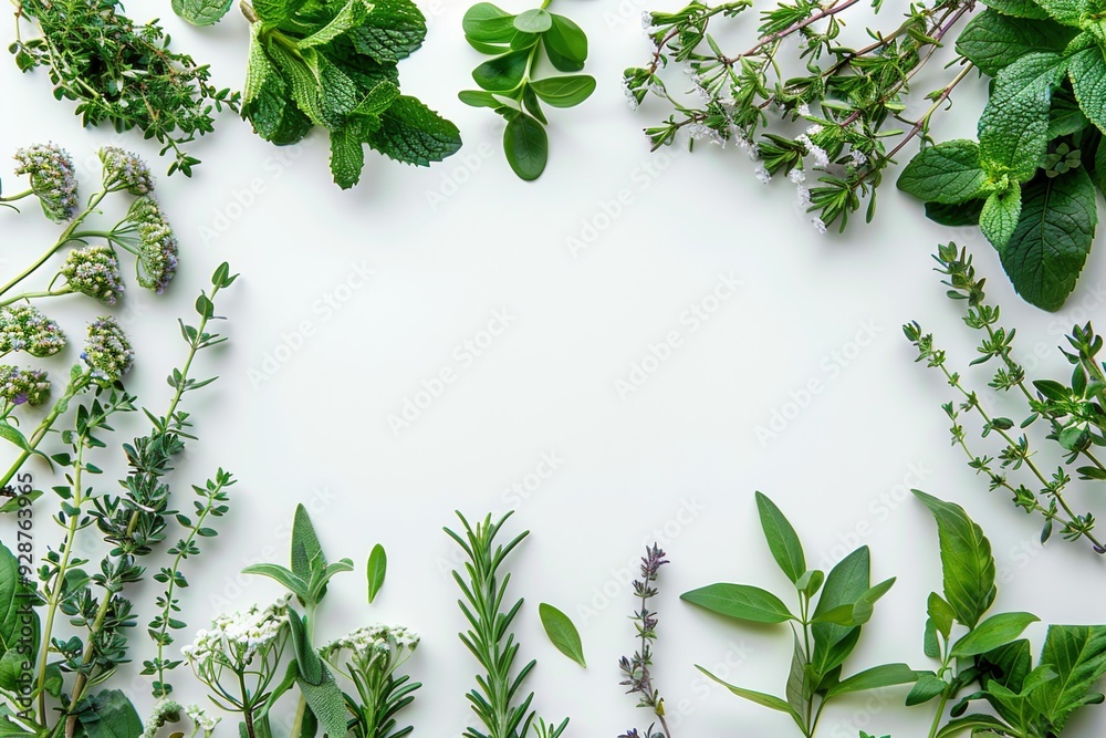 Fresh Green Herbs Arranged on White Background Fresh Green Herbs Arranged on White Background