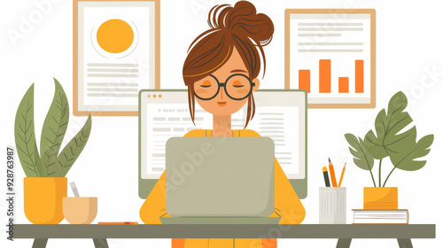 Cartoon vector person writing product descriptions and uploading them online