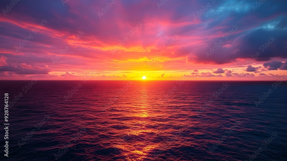 Obraz premium A captivating sunset casts a warm vibrant glow over the vast tranquil ocean painting the serene skyline with a breathtaking display of colors and natural beauty