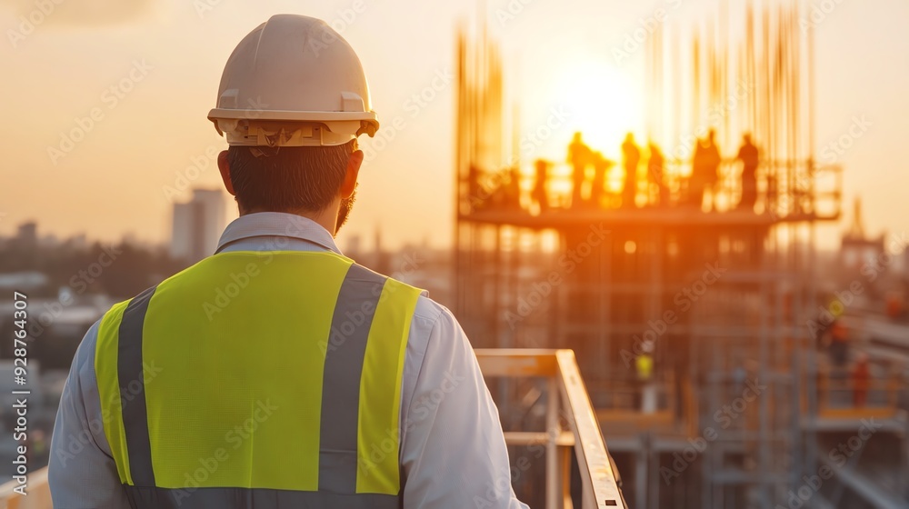 A construction worker observes a site at sunset, highlighting the dedication and hard work involved in building projects. A construction worker observes a site at sunset, highlighting the dedication and hard work involved in building projects.