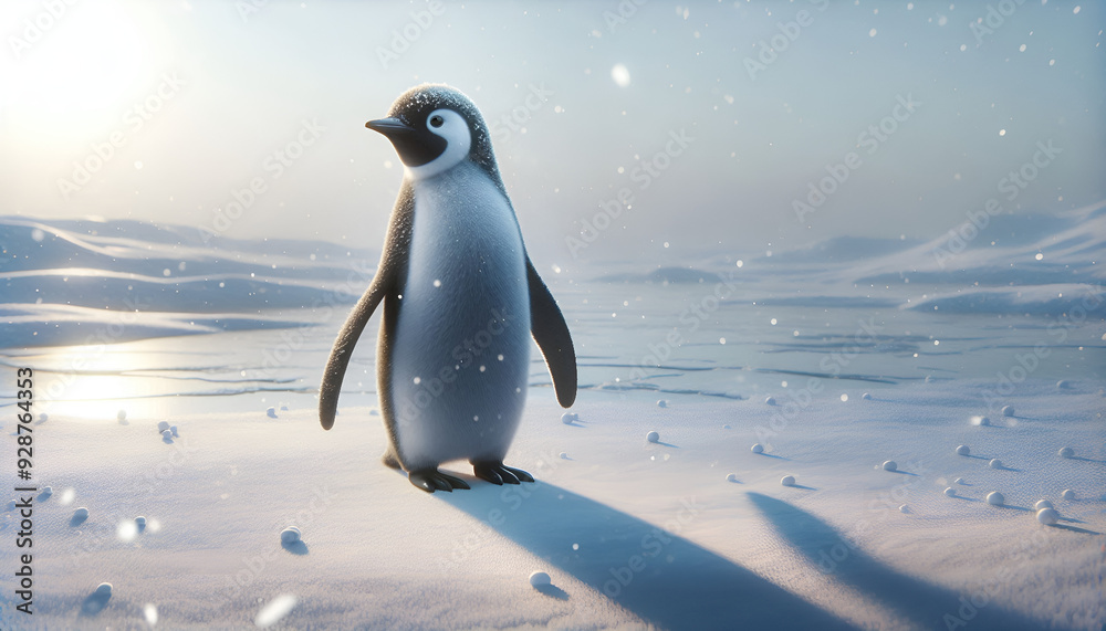 Obraz premium Un pingüino de pie en un paisaje nevado, con nieve cayendo suavemente y el sol al fondo.