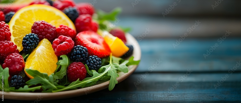 A refreshing fresh fruit salad with crisp arugula, juicy berries, and citrus segments, perfect for a light summer dish A refreshing fresh fruit salad with crisp arugula, juicy berries, and citrus segments, perfect for a light summer dish