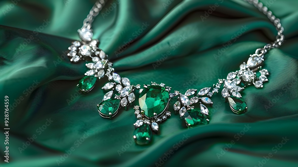 Fototapeta premium Emerald and diamond necklace on a solid bottle green background