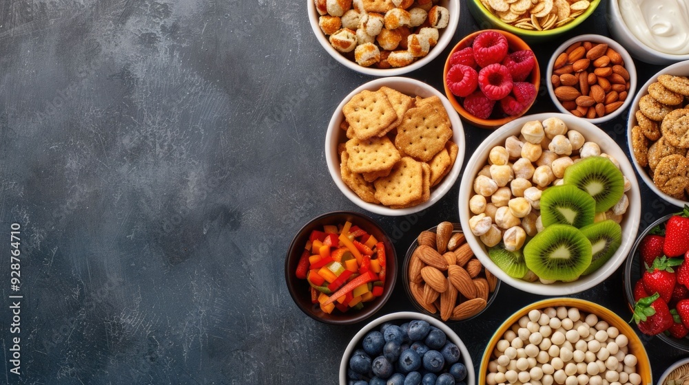An assortment of healthy and energizing office snacks such as fruits nuts granola and biscuits arranged on a desk creating a productive and nourishing work environment An assortment of healthy and energizing office snacks such as fruits nuts granola and biscuits arranged on a desk creating a productive and nourishing work environment