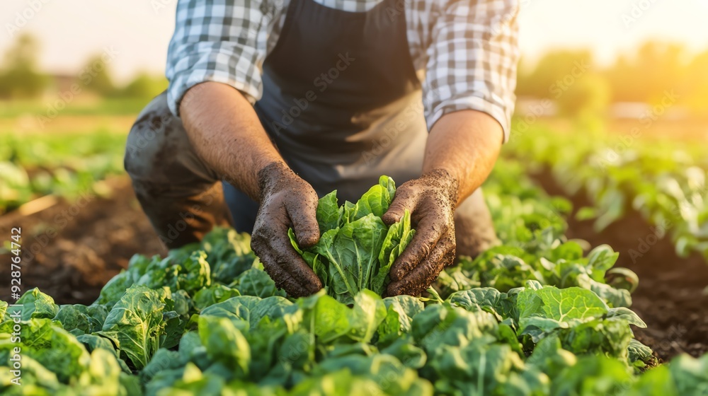 Fototapeta premium A farmer harvesting fresh green lettuce in a sunlit vegetable garden, showcasing the beauty of organic farming practices.