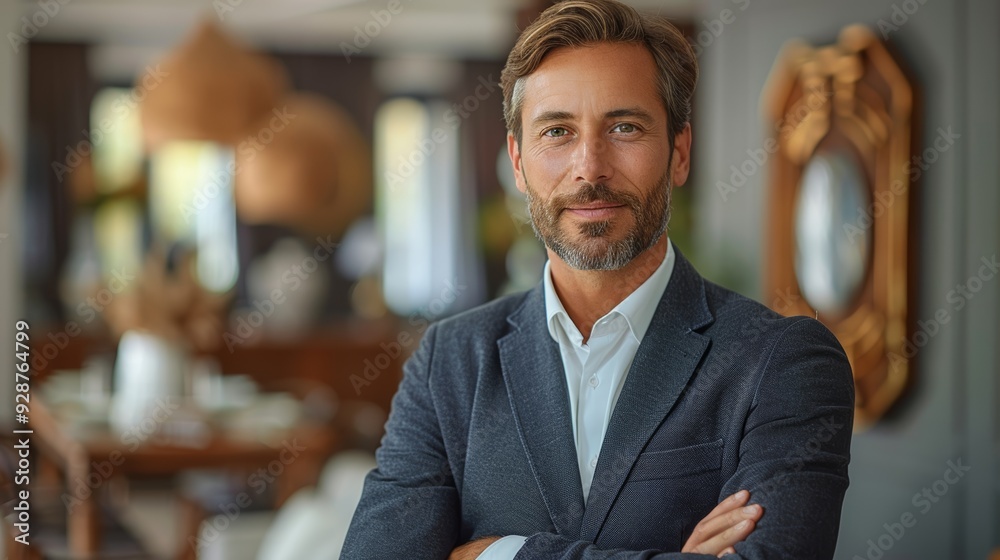 Confident man in a blazer standing with arms crossed in a stylish dining area during the day Confident man in a blazer standing with arms crossed in a stylish dining area during the day