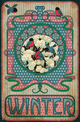 Winter season wallpaper in art nouveau style, vector illustration