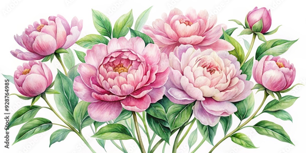 Watercolor Peony Bouquet - Delicate Pink Flowers with Lush Green Leaves, Watercolor, Peony, Floral, Bouquet, Flower Watercolor Peony Bouquet - Delicate Pink Flowers with Lush Green Leaves, Watercolor, Peony, Floral, Bouquet, Flower
