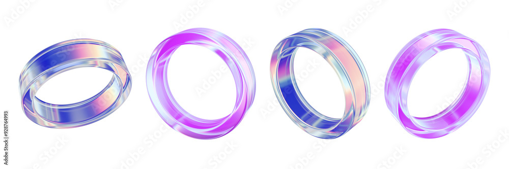 3D glass ring set, purple transparent plastic geometric glossy shape, retro futuristic flying circle. Acrylic translucent abstract form, crystal blue design different angles figure. 3D glass icon 3D glass ring set, purple transparent plastic geometric glossy shape, retro futuristic flying circle. Acrylic translucent abstract form, crystal blue design different angles figure. 3D glass icon