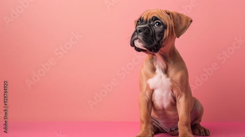 A cute Boxer puppy sitting on a solid pastel sienn  171 dog, bulldog, animal, pet, puppy, canine, isolated, boxer, white, cute, breed, brown, mammal, portrait, english bulldog, domestic, bull, adorabl photo
