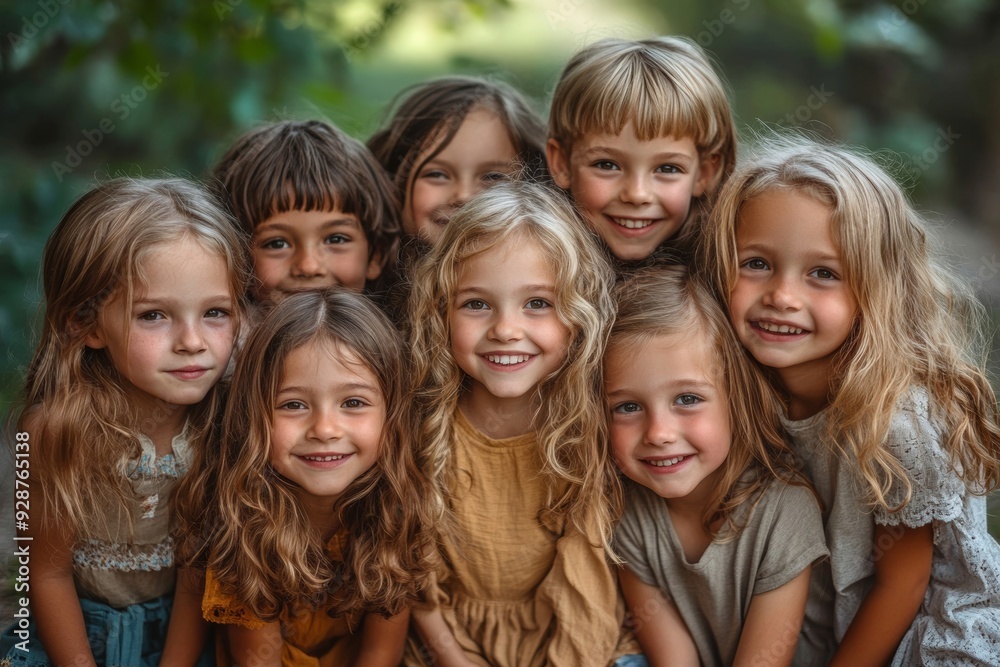 Kids having fun outdoors in summer. Group portrait of happy little school children in the park. Bunch of cheerful friends posing for a group photo, hugging, looking at the camera and, Generative AI Kids having fun outdoors in summer. Group portrait of happy little school children in the park. Bunch of cheerful friends posing for a group photo, hugging, looking at the camera and, Generative AI