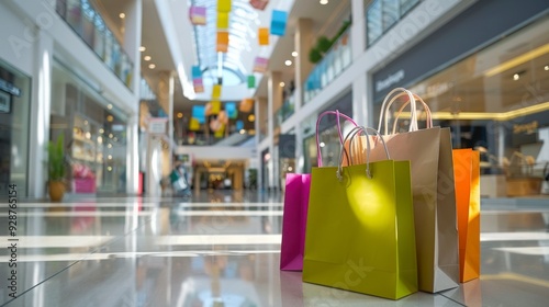 Colorful shopping bags on a shiny floor in a modern shopping mall.