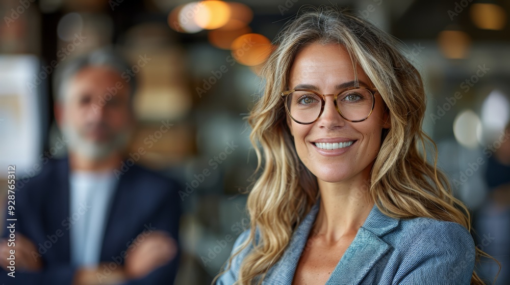 Smiling woman in glasses at a modern café during a business meeting with a man in the background Smiling woman in glasses at a modern café during a business meeting with a man in the background