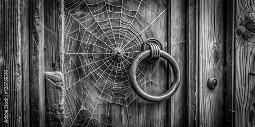 Web of Intrigue - Black and White Photography of a Door with a Cobweb and an Ornate Ring Handle, door, cobweb, spooky, black and white photo