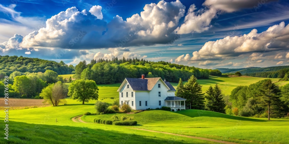 White Farmhouse in a Lush Green Valley with Blue Sky and Puffy Clouds, farmhouse, rural, landscape, nature