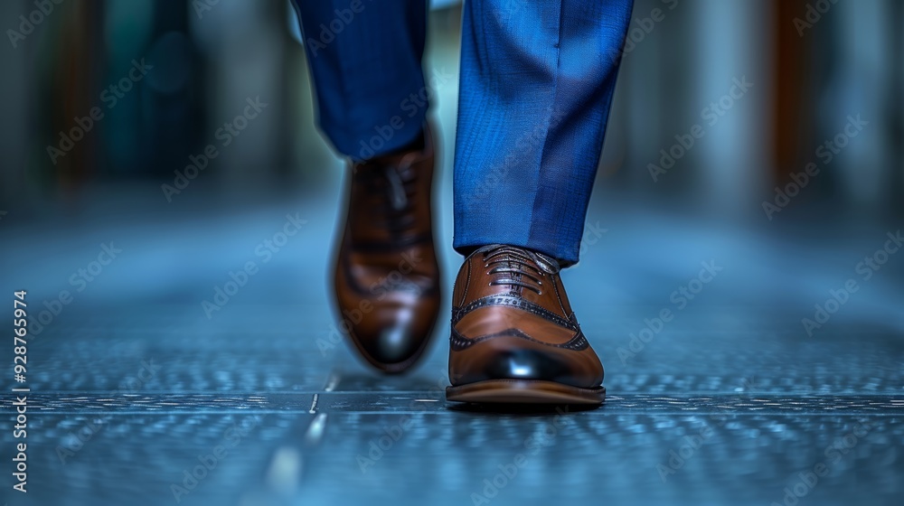 A man in tailored blue trousers walks confidently in stylish brown dress shoes on a polished floor A man in tailored blue trousers walks confidently in stylish brown dress shoes on a polished floor