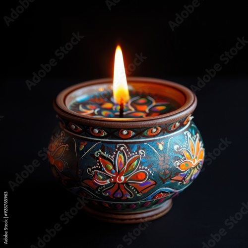 Wallpaper Mural Close-Up of a Colorful Clay Diya Lamp with Bright Flame Against Deep Black Background, Creating a Serene Festive Atmosphere

 Torontodigital.ca