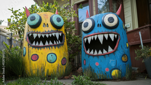 DIY monster decorations in a front yard photo