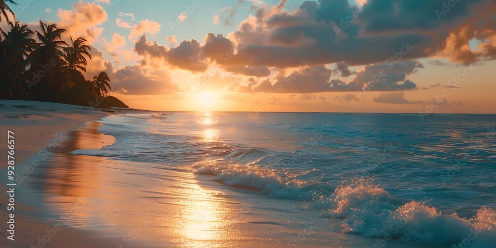 Sunset over a serene tropical beach with palm trees and gentle waves in the Maldives