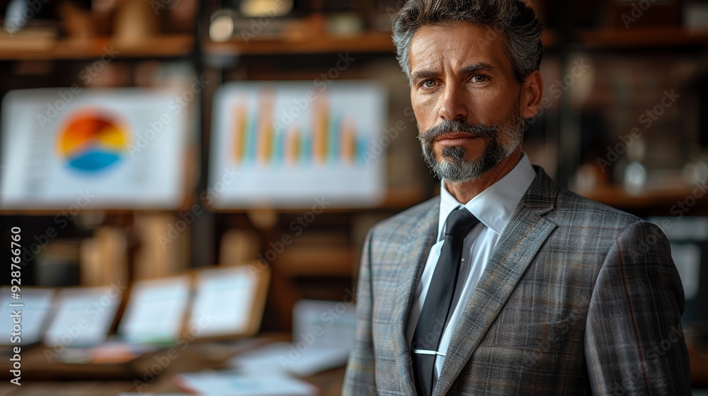 Fototapeta premium Professional man in a stylish suit poses confidently in a modern office with charts and graphs during a daytime meeting