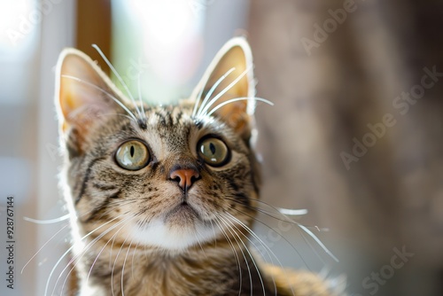 Big Eyes. Skeptic Cat Thinking and Looking with Wide Eyes. Cute Tabby Cat in Funny Face