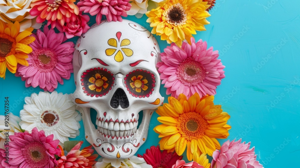 A skull is surrounded by a colorful arrangement of flowers A skull is surrounded by a colorful arrangement of flowers