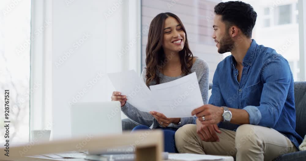 Happiness, documents or home couple reading data, policy information or banking increase, account or mortgage discount. Receipt, audit and people check paperwork, bank invoice and insurance payment
