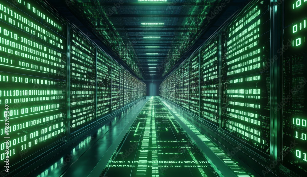 3D rendering of the interior view of an advanced data center with rows 3D rendering of the interior view of an advanced data center with rows