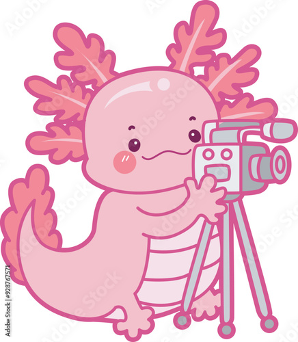 Illustration of cute axolotl activities icon.
Funny pink axolotl in daily routine stickers.