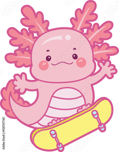 Illustration of cute axolotl activities icon.
Funny pink axolotl in daily routine stickers.