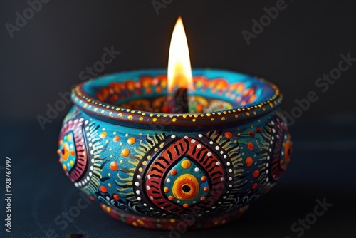 Beautifully Decorated Diya with Flickering Flame Illuminating Delicate Patterns on Dark Background

 photo