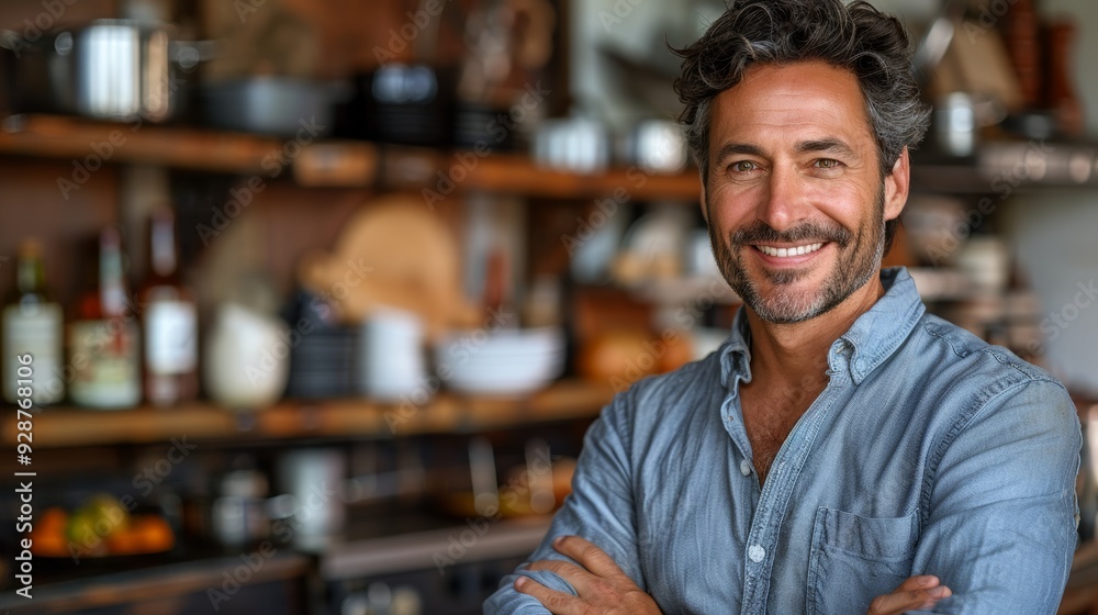 Smiling man with gray hair in a cozy kitchen setting, showcasing culinary passion and warmth Smiling man with gray hair in a cozy kitchen setting, showcasing culinary passion and warmth
