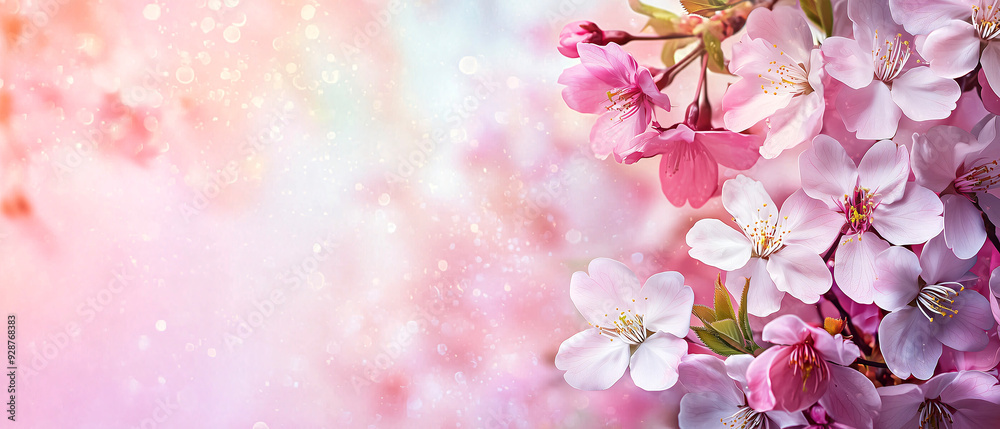 Fototapeta premium Cherry blossom bokeh background, copy space