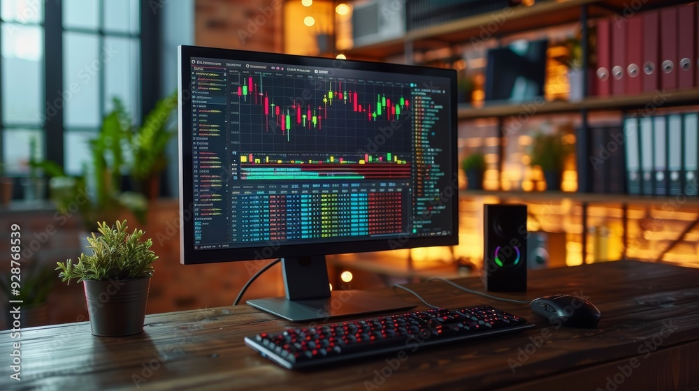 A modern desktop computer setup with financial data displayed on the screen in an office environment during the evening A modern desktop computer setup with financial data displayed on the screen in an office environment during the evening