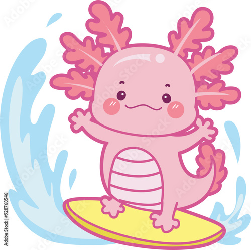 Illustration of cute axolotl activities icon.
Funny pink axolotl in daily routine stickers.