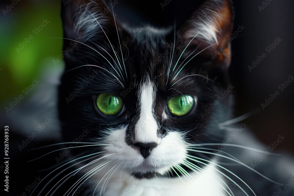 Black And White Cat Portrait with Green Eyes. Domestic Animal with Cute Felino Features Black And White Cat Portrait with Green Eyes. Domestic Animal with Cute Felino Features