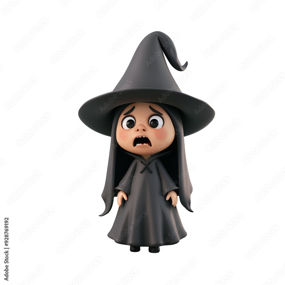 A scared little witch with a cute look in 3D Halloween render, Isolated on Transparent Background, PNG A scared little witch with a cute look in 3D Halloween render, Isolated on Transparent Background, PNG