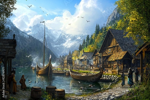 This is an illustration of a pirate ship tavern and shops surrounded by a medieval town in a fantasy style.