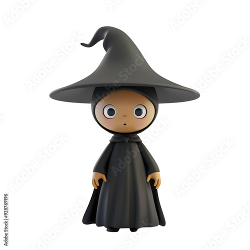 A little witch with a cute and scared look in 3D Halloween character render, Isolated on Transparent Background, PNG