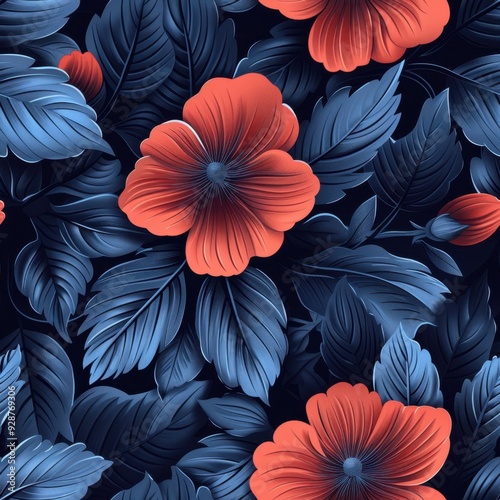 Seamless Black and Blue Floral Pattern with a Single Red Flower, Ideal for Creative Backgrounds

