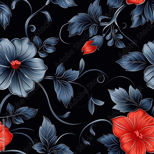 Seamless Black and Blue Floral Pattern with a Single Red Flower, Ideal for Creative Backgrounds

