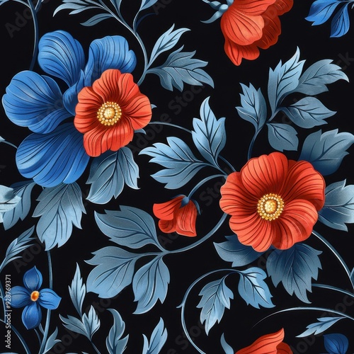 Seamless Black and Blue Floral Pattern with a Single Red Flower, Ideal for Creative Backgrounds


