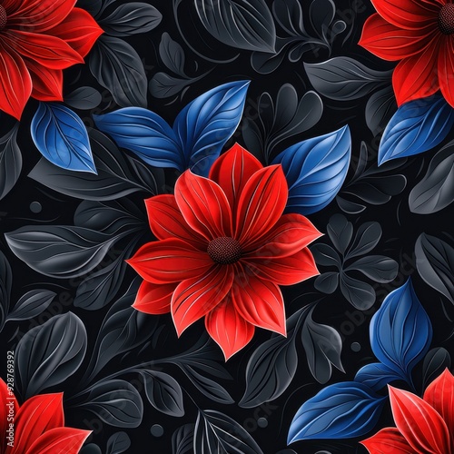 Seamless Black and Blue Floral Pattern with a Single Red Flower, Ideal for Creative Backgrounds

