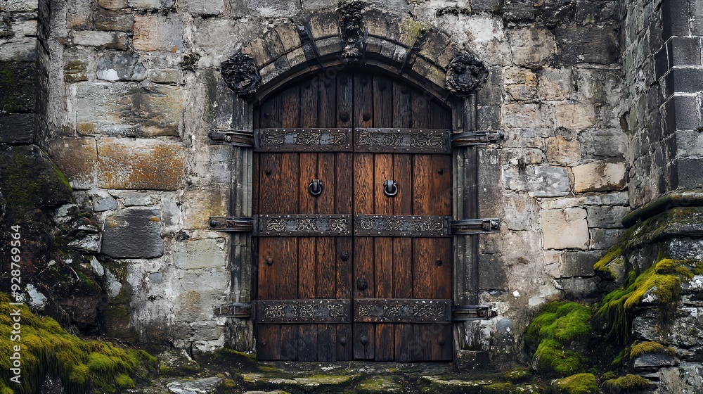 Fototapeta premium Old wooden door with ornate ironwork set in a stone wall with moss.