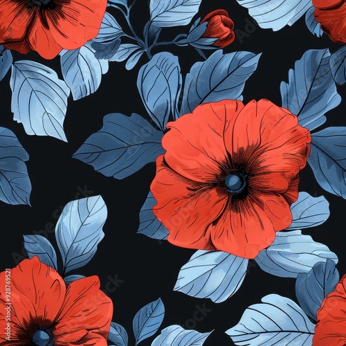 Seamless Black and Blue Floral Pattern with a Single Red Flower, Ideal for Creative Backgrounds

