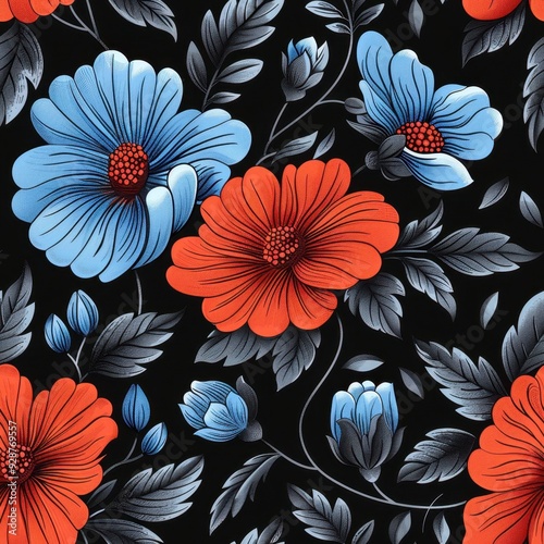 Seamless Black and Blue Floral Pattern with a Single Red Flower, Ideal for Creative Backgrounds

